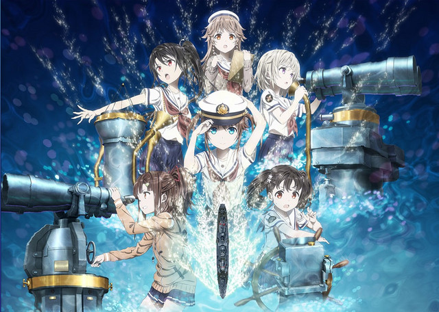 A new key visual for High School Fleet: The Movie, featuring the main cast striking dramatic poses while using the equipment necessary to navigate a large ship.