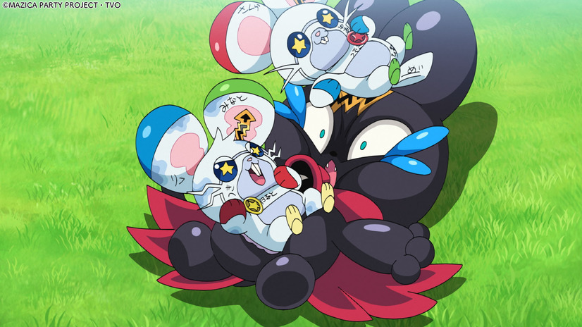 Balloonya gets squashed by a pair of Mice Mazin in a scene from the upcoming MAZICA PARTY TV anime.