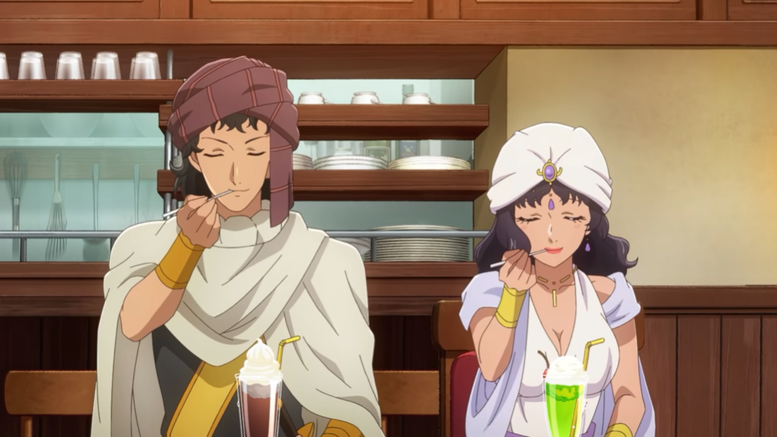 Shareef and Ranner enjoy a taste of their frozen ice cream desserts in a scene from the upcoming Restaurant to Another World 2 TV anime.