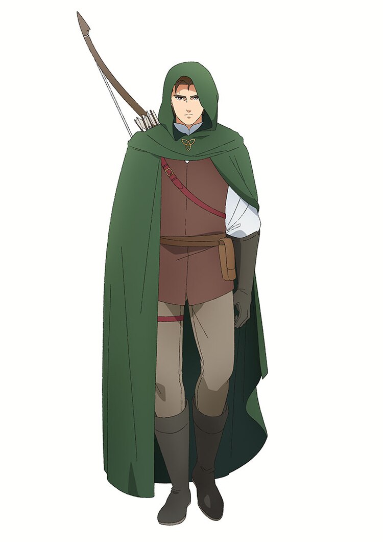 A character setting of Huey, a male adventurer in light leather armor and a forest-green cloak and cowl with a bow and a quiver of arrows strapped to his back, from the upcoming Dragon Goes House-Hunting TV anime.