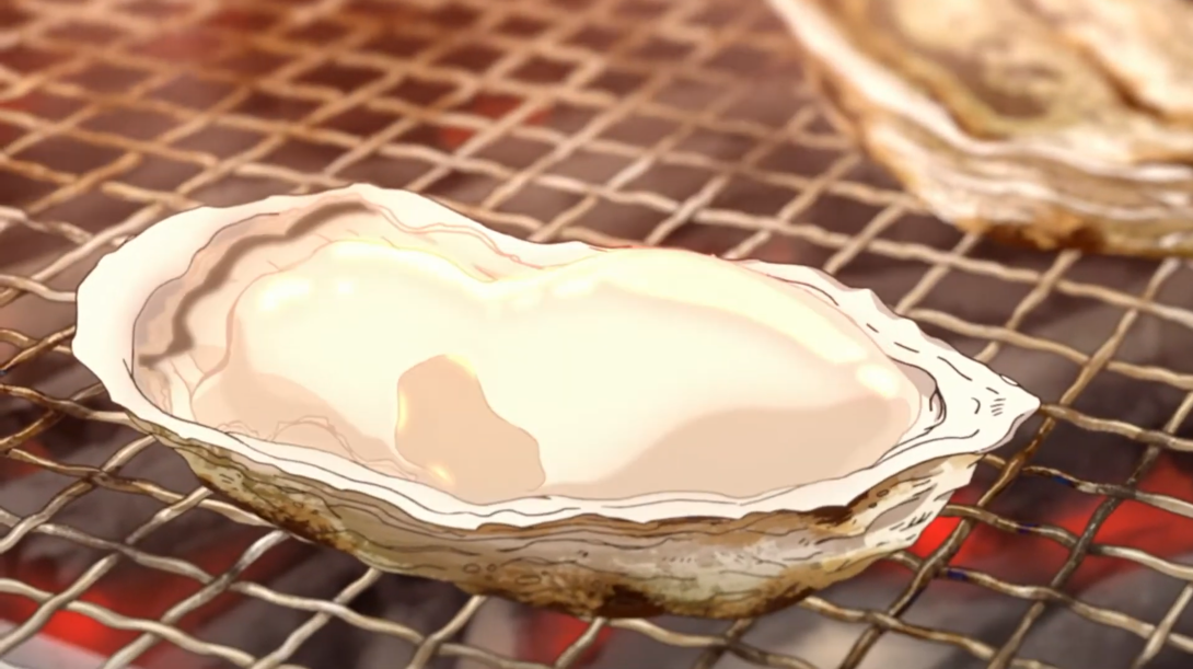 An image of a particularly mouth-watering fried "takezaki oyster" from the Midnight Japanese Food Anime ultra-short animation series produced by Saga Prefecture to promote their local cuisine.