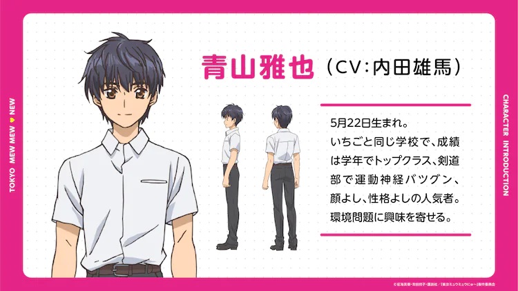 Eine Charaktereinstellung von Masaya Aoyama aus dem kommenden TV-Anime Tokyo Mew Mew New.  Masaya ist ein schlanker junger Mann mit dunklem Haar und braunen Augen, er trägt ein Hemd und eine Hose.