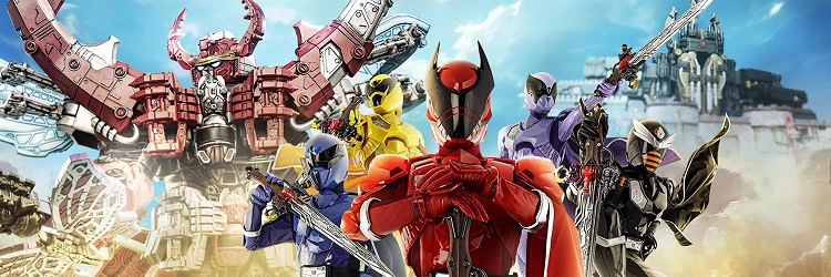 A promotional banner for the upcoming Ohsama Sentai King-Ohger tokusatsu super hero TV show featuring the 5 main heroes and their insect-themed robots.