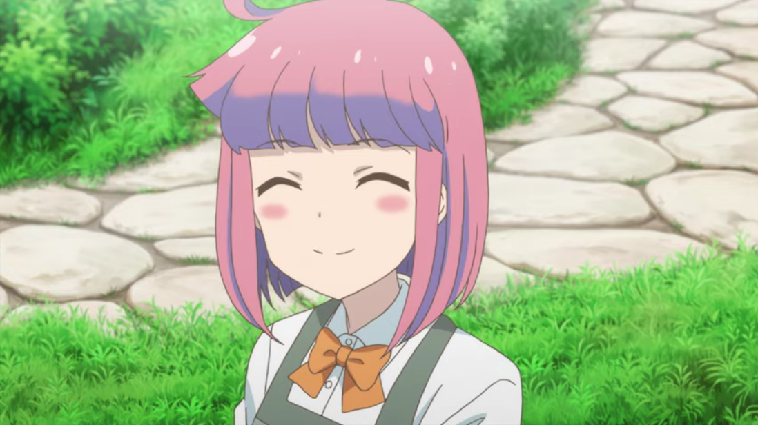 Der Protagonist Himeno Toyokawa - ein Schüler mit rosa Haaren im Page Boy-Stil - lächelt über die Aussicht, in einer Szene aus dem kommenden Yakunara Mug Cup Mo TV-Anime das Basteln zu lernen.