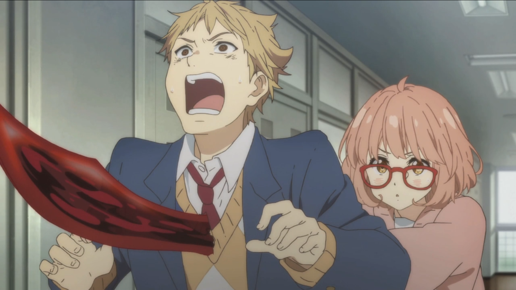 Mirai Kuriyama impales her classmate, Akihito Kanbara, with a mystic sword summoned from her own blood in a scene from the 2013 Beyond the Boundary TV anime.