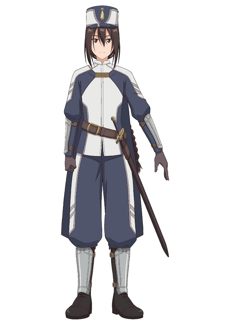 A character setting of Lucius from the upcoming Fantasy Bishoujo Juniku Ojisan to TV anime. Lucius is a JRPG-style priest adventurer with a sword at their hip.
