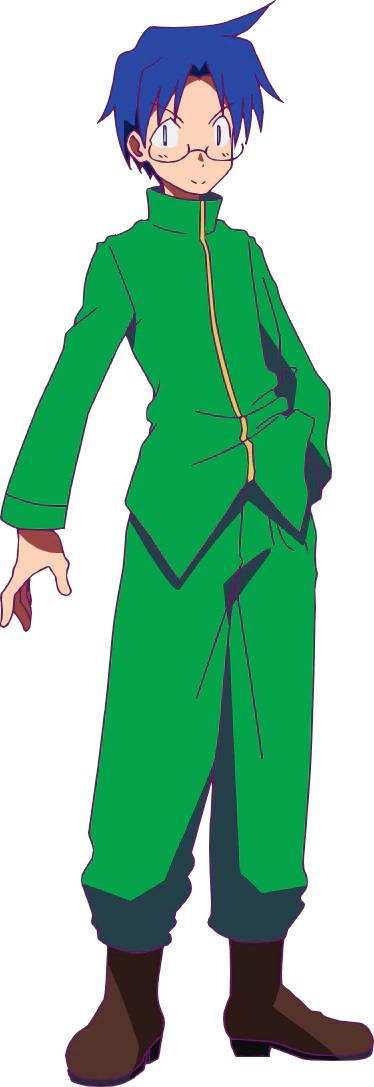 A character setting of Easley from the upcoming Heion Sedai no Itaden-tachi TV anime. Easley is a young man with spectacles and blue hair who dresses in a green school uniform and boots.