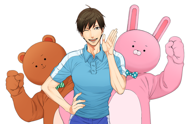 A banner image made from the main key visual for the Uramichi Oniisan TV anime, featuring the main character Uramichi Omota and the two mascot characters, Usaokun and Kumaokun.