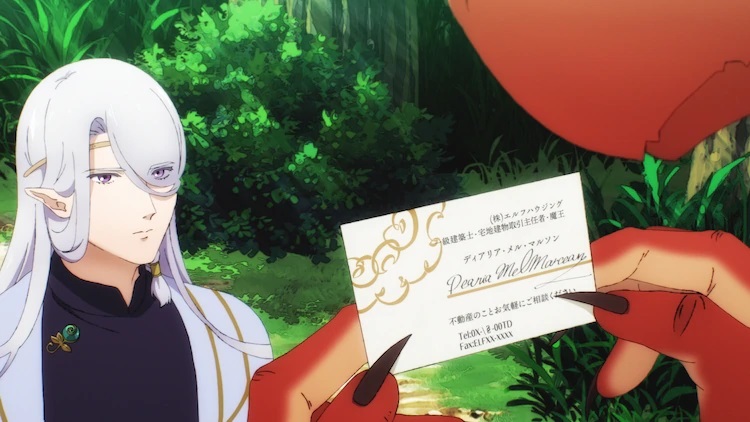 Dearia, a former Demon Lord turned real estate agent, presents Letty the red dragon with his business card in a scene from the upcoming Dragon Goes House-Hunting TV anime.