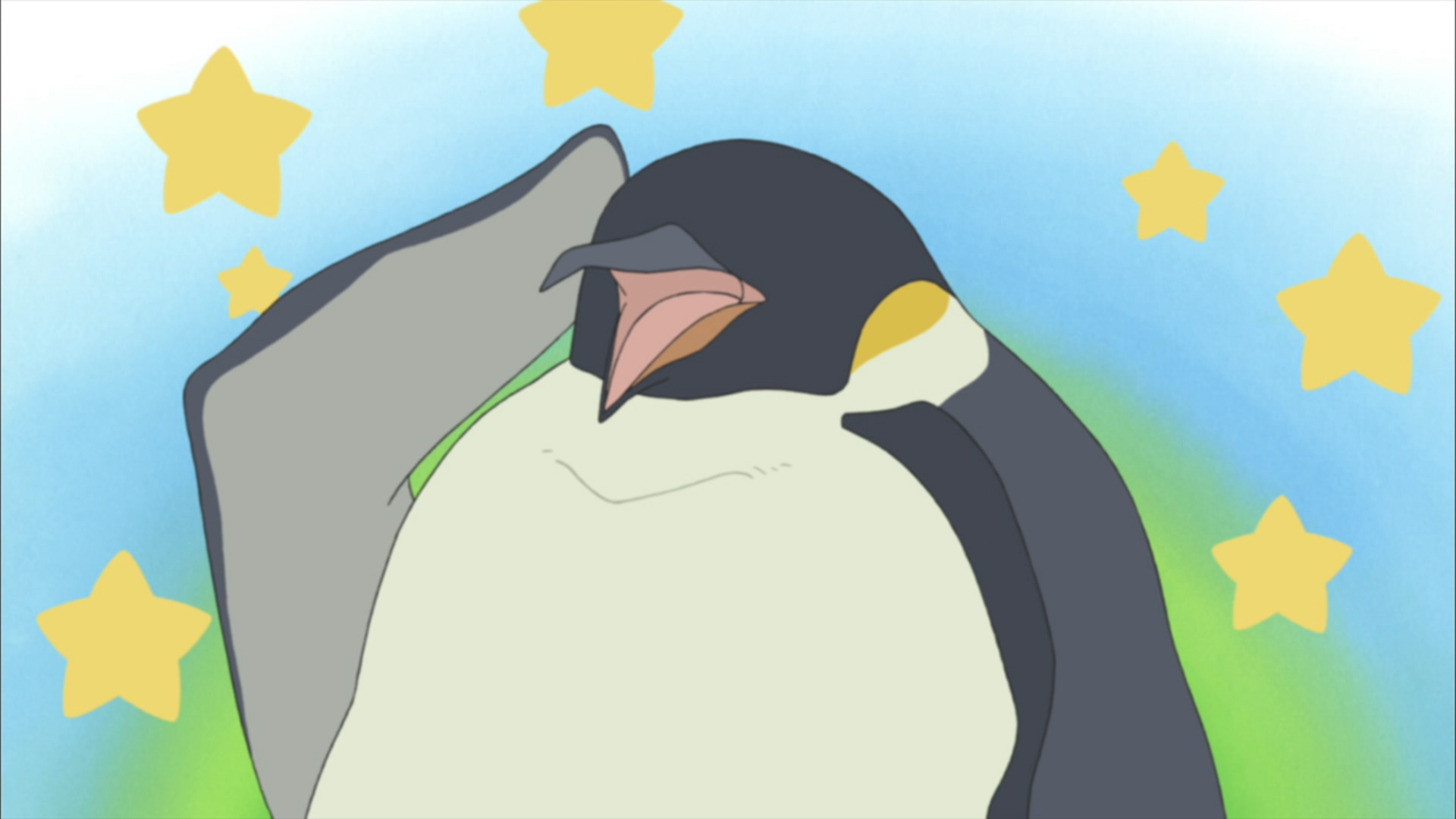 Penguin acts bashful when he tries to describe a date that he didn't go on in a scene from the Polar Bear Cafe TV anime.