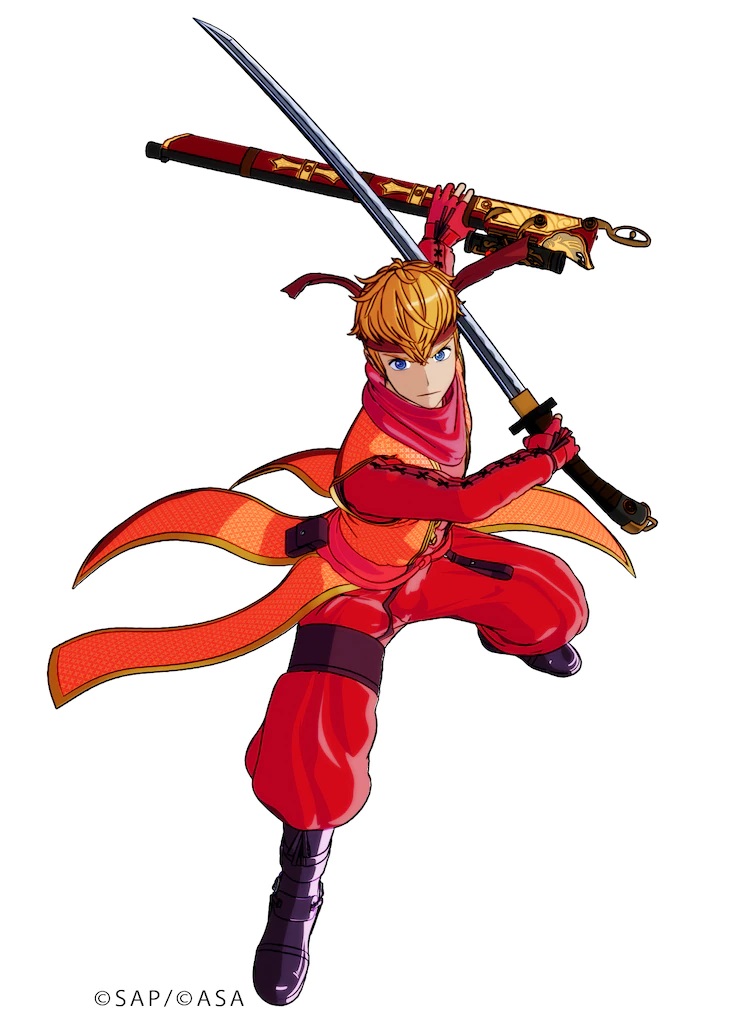 A character visual of Magoichi, the protragonist of the Rusted Armors anime project. Magoichi is a young man with blonde hair and blue eyes, dressed as a shinobi in red cloth armor and wielding an enormous two-handed sword.