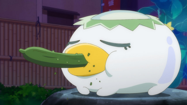 Prince Keppi devours a cucumber in a scene from the Sarazanmai TV anime.