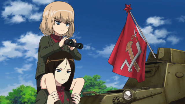 Katyusha, the commander of the Pravda High School Tankery team, rides on her subordinate Nonna's shoulders to get a better look at the battlefield in a scene from the 2012 GIRLS und PANZER TV anime.