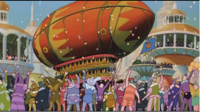 A crowd celebrates a parade from "Little Nemo: Adventures in Slumberland"