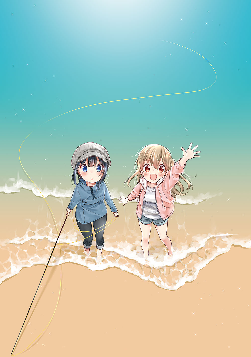 A key visual for the newly announced Slow Loop TV anime, featuring the main characters - step-sisters Hiyori and Koharu Minagi - as they pose in the surf at the beach.with a fly-fishing pole.