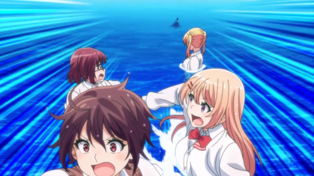 The main cast of Are You Lost? flees in panic from an approaching shark.