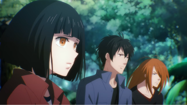 The main cast gathers around a campfire for a somber meeting in a scene from the 7SEEDS Netflix Original Anime.