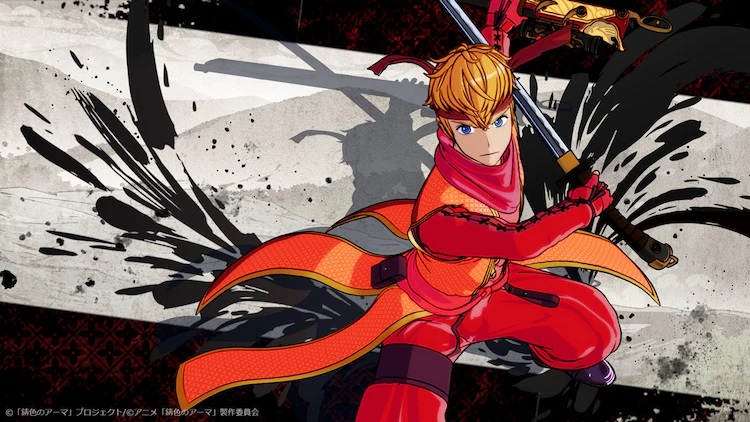 Una imagen promocional para el próximo proyecto de anime de Rusted Armors, con el personaje principal Magoichi en una pose dramática con su espada frente a un fondo que parece un pergamino cubierto de salpicaduras de tinta negra.