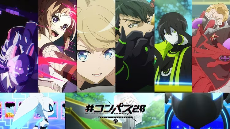 A promotional image for the upcoming #COMPASS -Combat Providence Analysis System TV anime featuring a collage of close-ups for six of the hero characters within the battle-action smart phone game.