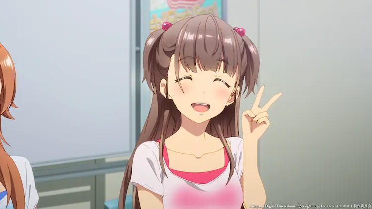 Kyoka Tamaki del grupo de ídolos en apuros TINGS muestra un signo de paz y sonríe en una escena del próximo anime SHINE POST TV.