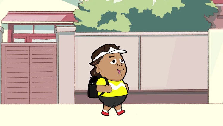 Choshu-kun va a la escuela con una expresión feliz en su rostro en una escena del próximo Ganbare.  Anime de televisión Choshu-kun.