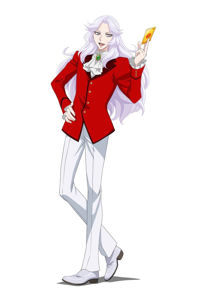 Eine Charaktereinstellung von Queen aus dem kommenden Anime-Kinofilm Kaitou Queen wa Circus ga Osuki.  Queen ist eine große, schlanke, androgyne Person mit langen, lila Haaren, die die Hosen, die Weste und die Krawatte eines edlen Gentlemans trägt.  Sie schwenken eine Pokerkarte zwischen dem Zeige- und Mittelfinger ihrer linken Hand. 