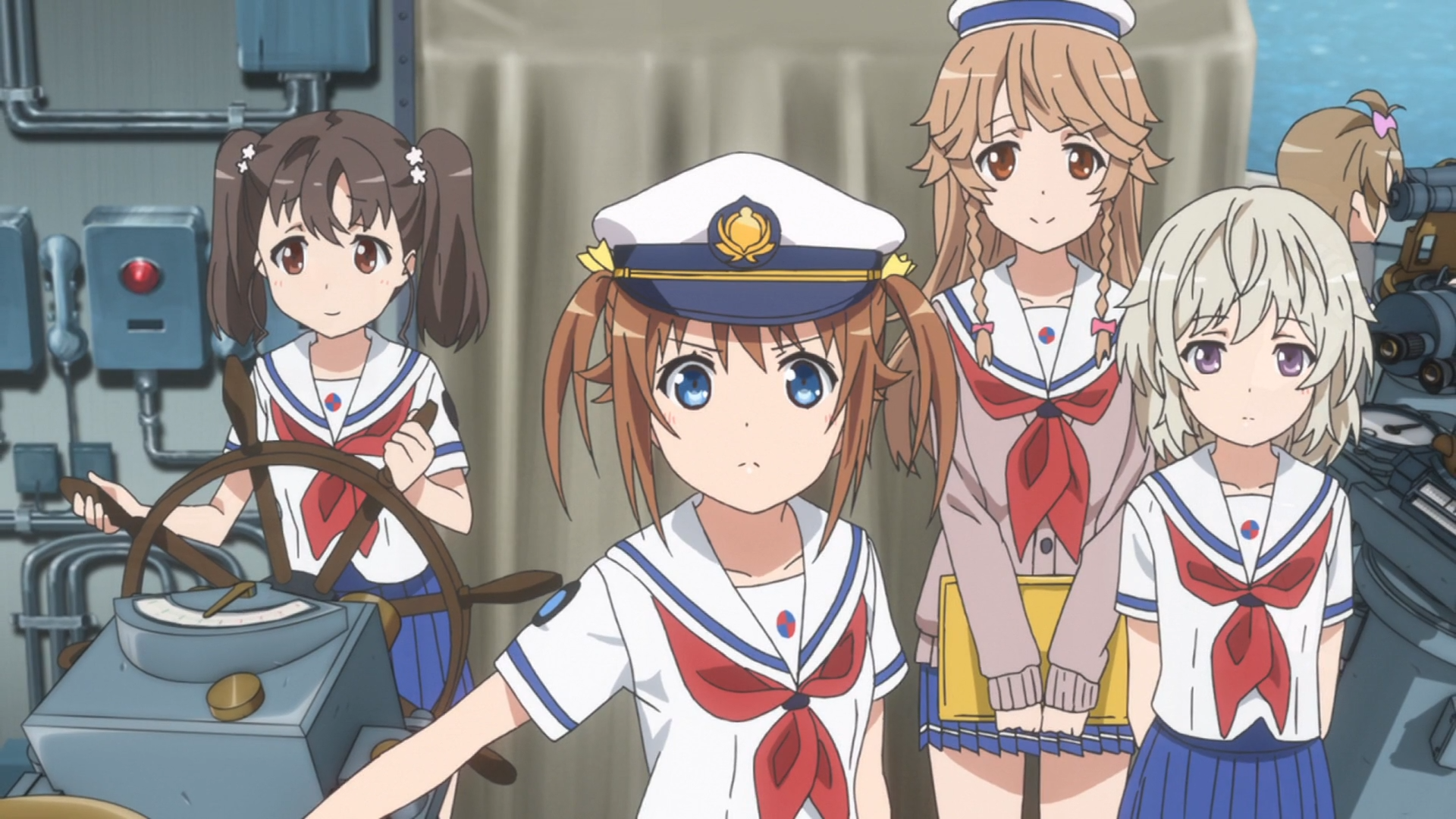 Bajo el mando de Akeno Misaki, la tripulación del puente principal del barco clase destructor Harekaze se prepara para zarpar en una escena del anime de televisión de 2016 High School Fleet.