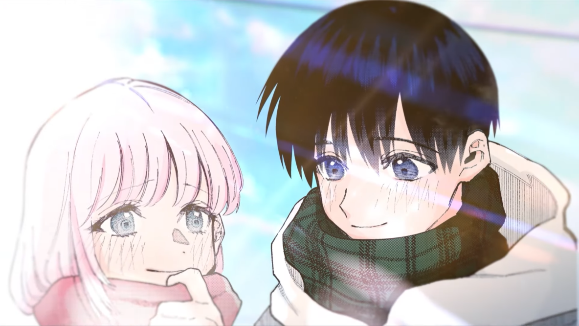 Shikimori and her boygriend Izumi enjoy a moment together on a chilly autumn day in a scene from the PV for the Shikimori's Not Just a Cutie manga series by Keigo Maki.