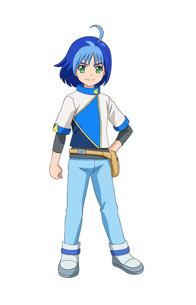 A character visual of Kuuga Kudou, one of the twin-protagonists in Tomica Kizuna Gattai: EARTH GRANNER. Kuuga has blue hair, green eyes, and bright, determined expression.