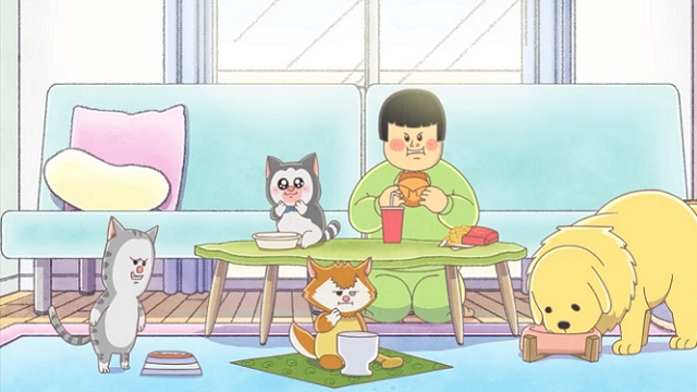 Mameko Mamekichi enjoys a fast food dinner of a hamburger, soda, and fries at her coffee table in her living room in front of her couch while surrounded by her three cats - Tabi, Simba, and Mero - and her dog Komachi. 