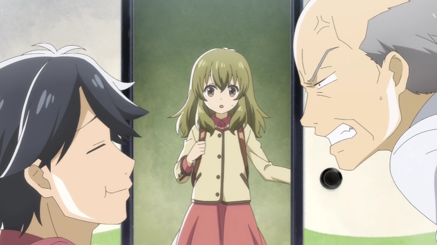 Nagumo and his father, Heigo, squabble in the family living room while Itsuka looks on from the threshold in a scene from the upcoming Deaimon TV anime.