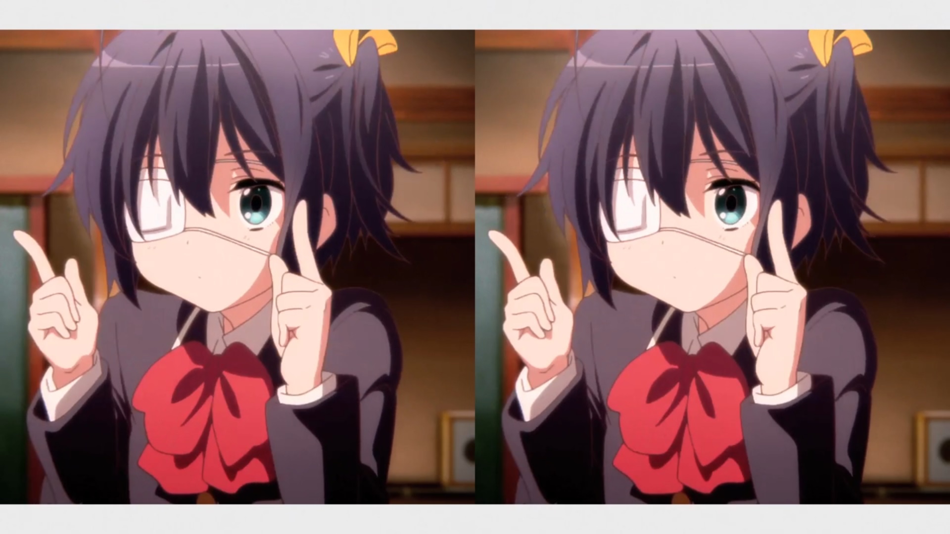 Rika Takanashi does a goofy finger dancer in a scene from the opening animation of the Love, Chunibyo & Other Delusions TV anime.