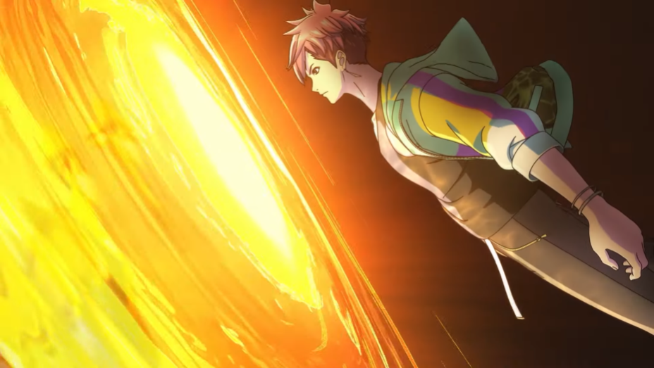 Ryuhei passes through a portal of golden light to receive a combat power up in a scene from the opening animation of the D_CIDE TRAUMEREI THE ANIMATION TV anime.