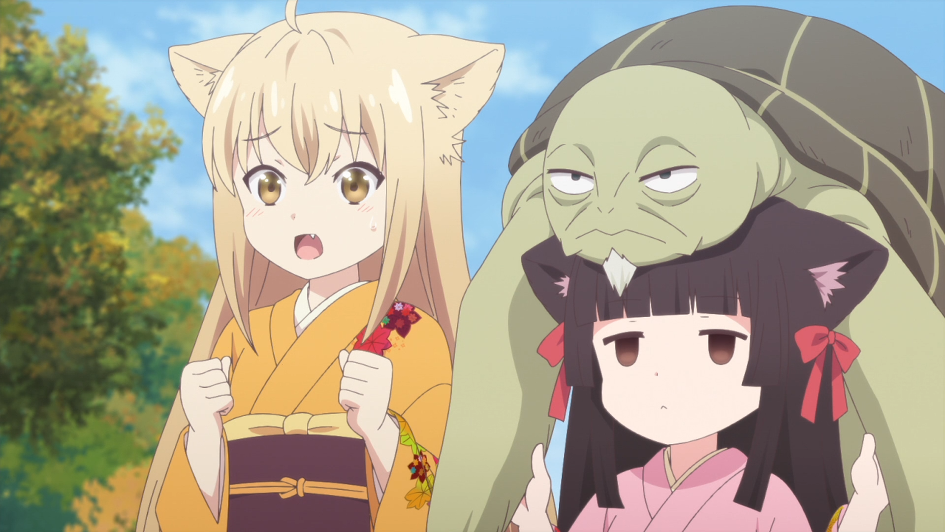 Yuzu and Sakura assist a grateful turtle in a scene from the 2017 KONOHANA KITAN TV anime.