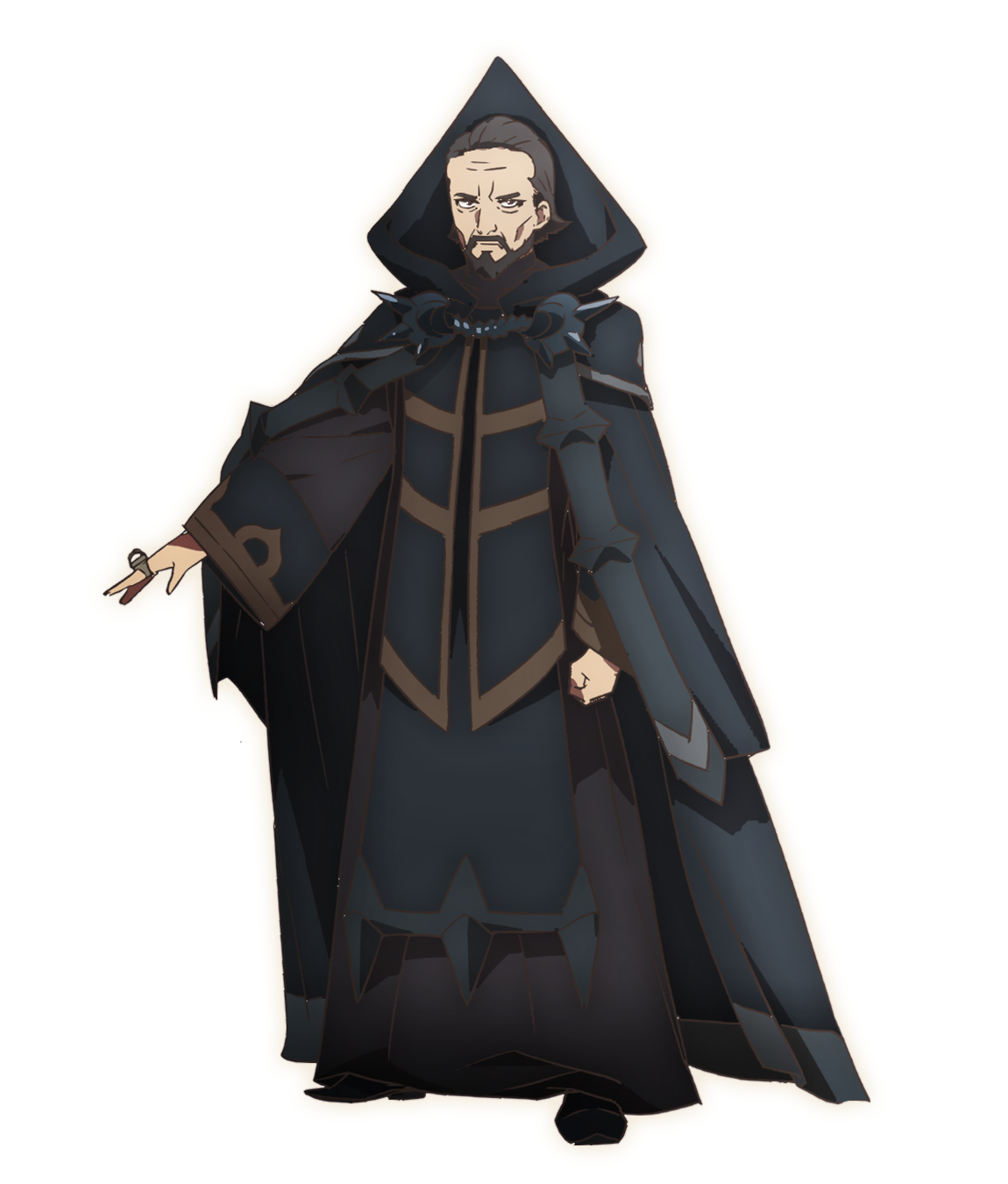 A character setting of Germain from the SEVEN KNIGHTS REVOLUTION: Hero Successor TV anime. Germain appears as a middle-aged man in dark wizard robes. He sports short hair and a finely trimmed mustache and goattee, but his face looks worn and hollowed by the years.