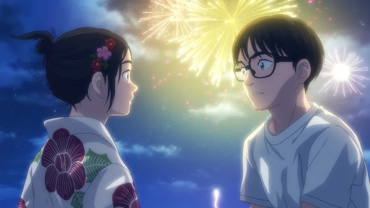 While fireworks blossom in the night sky behind them, Isaki Magari and Ganta Nakama share a moment of intimacy in a scene from the upcoming Insomniacs After School TV anime.