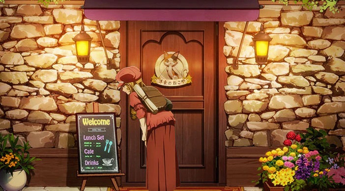 Aletta inspiziert ein Tafelschild vor dem Titelrestaurant in einem Teaser-Visual für die zweite Staffel des TV-Animes Restaurant to Another World.