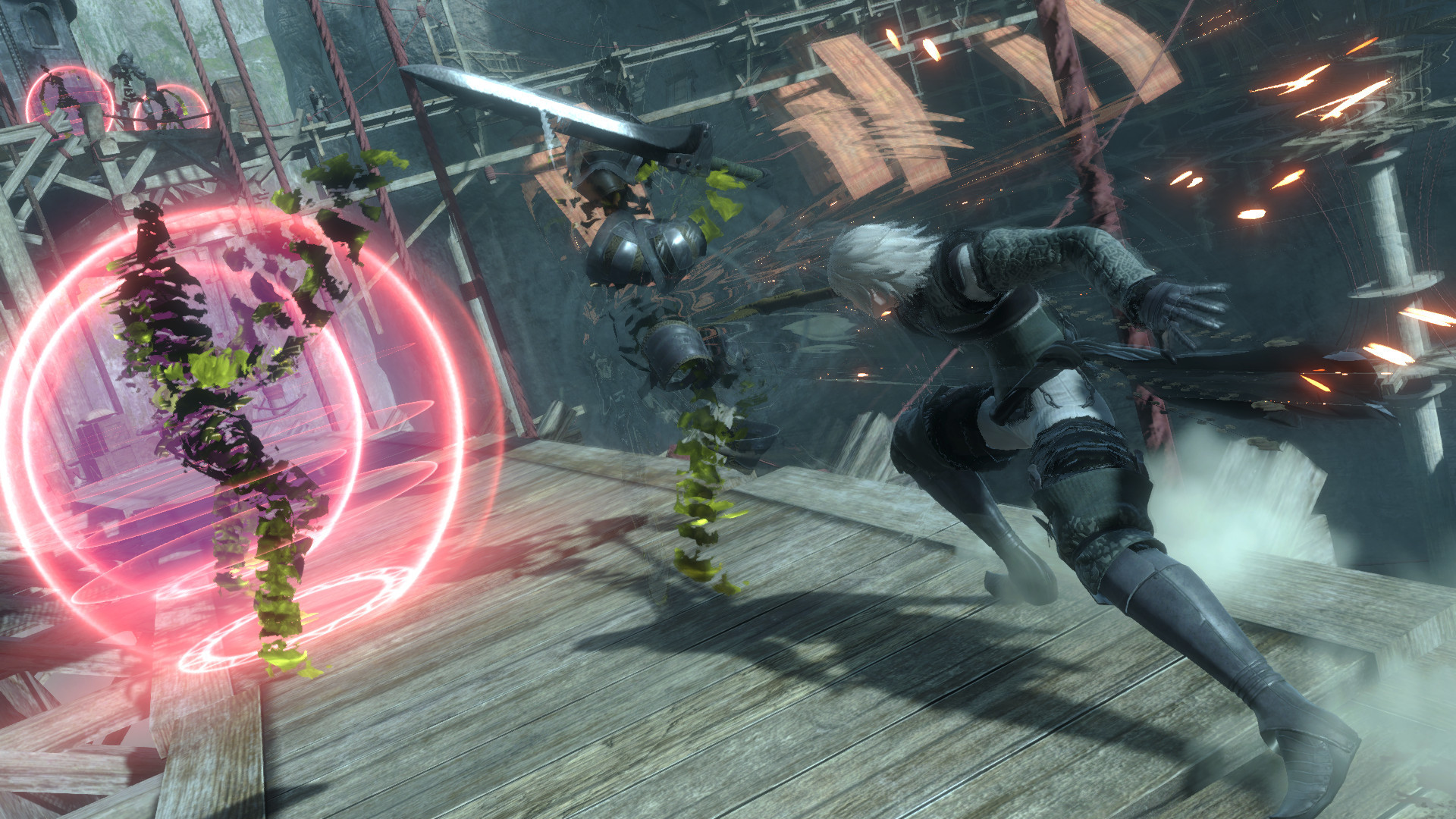 A promotional image for Nier Replicant ver.1.22474487139... featuring a dynamic action scene where the main character confronts a series of computer-glitch like enemies with a sword.