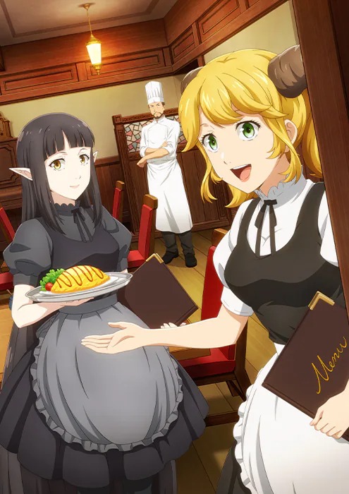 Ein Key Visual für den kommenden TV-Anime Restaurant to Another World 2, in dem Kuro, Aletta und der Meister des Titelrestaurants den Zuschauer als Gast im Essbereich begrüßen. 