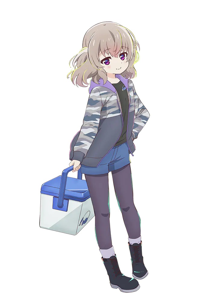 A character visual of Koi Yoshinaga from the upcoming Slow Loop TV anime. Koi is a petite girl with tousseled brown hair and purple eyes. She wears a gray camo hooded jacket, jean shorts, leggings, and boots as she carries a tackle box. 