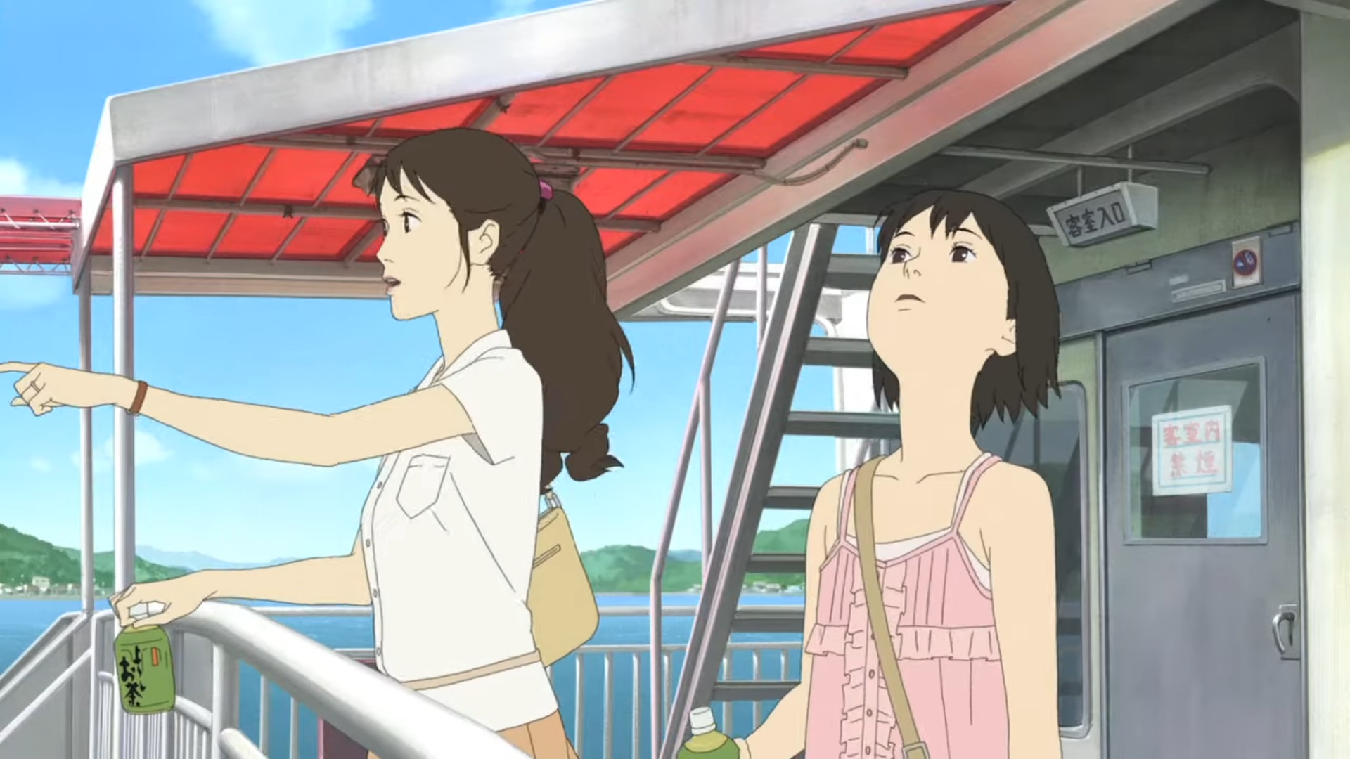 Momo and her mother aboard a ship on the way to Shio Island, in A Letter to Momo