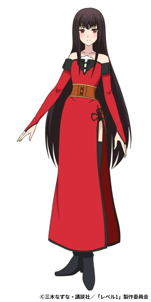 A character setting for Celeste from the upcoming My Unique Skill Makes Me OP even at Level 1 TV anime. Celeste is a slender woman with long dark hair and red eyes who wears the shoulderless, long sleeved, slit-at-the-hips red dress of a sorceress. She also wears black boots and black knee-high stockings.