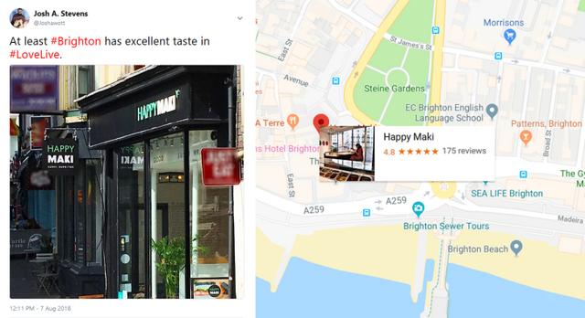 My tweet, compared to the restaurant's location on Google Maps