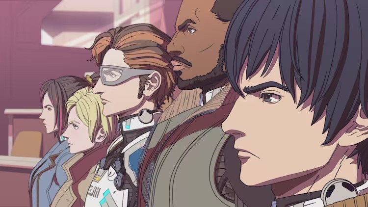 The main cast assembles for a mission briefing in a scene from the upcoming Yakitori: Soldiers of Misfortune Netflix original anime.