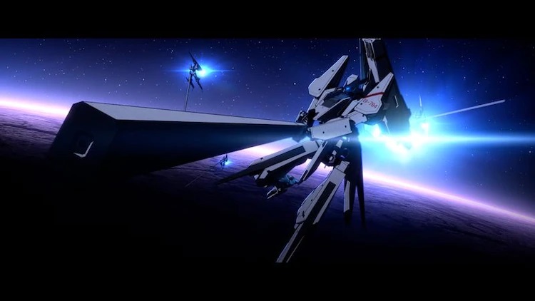 A handful of Garge mecha suits tackle an onslaught of Gauna forces during a virtual reality training simulation in a scene from the upcoming Knights of Sidonia: A Star that Weaves Love theatrical anime film.