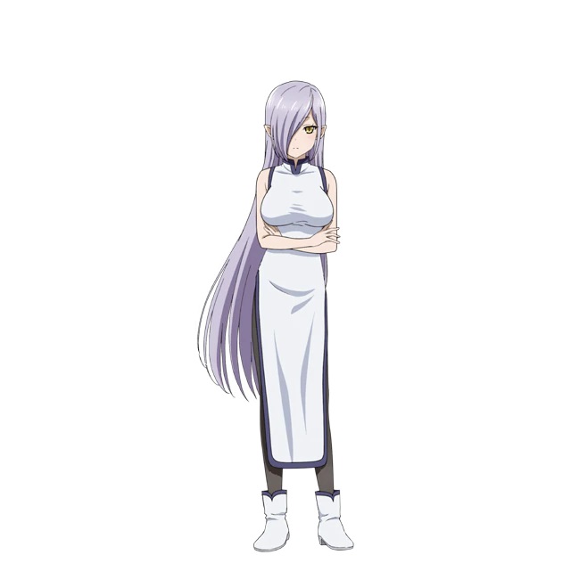 A character setting of Carrot, a former demon who appears as a busty elven woman with lilac hair and yellow eyes, dressed in a form-fitting cheongsam dress, tights, and boots from the upcoming Peach Boy Riverside TV anime.