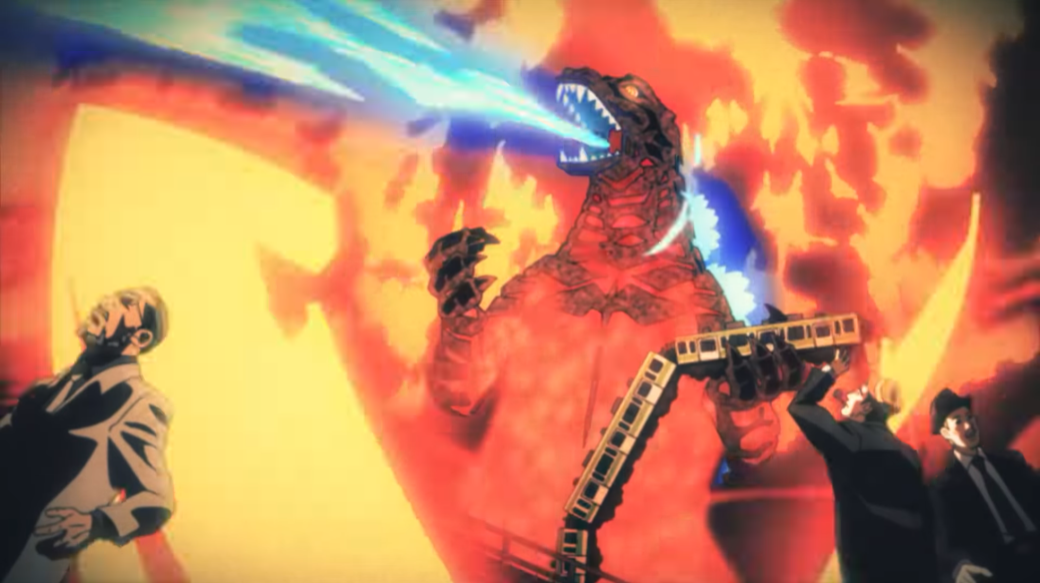 Godzilla blasts radioactive fire breath and demolishes a train in a scene reminiscent of the original 1954 film from the ending animation for the Godzilla Singular Point Netflix original anime.