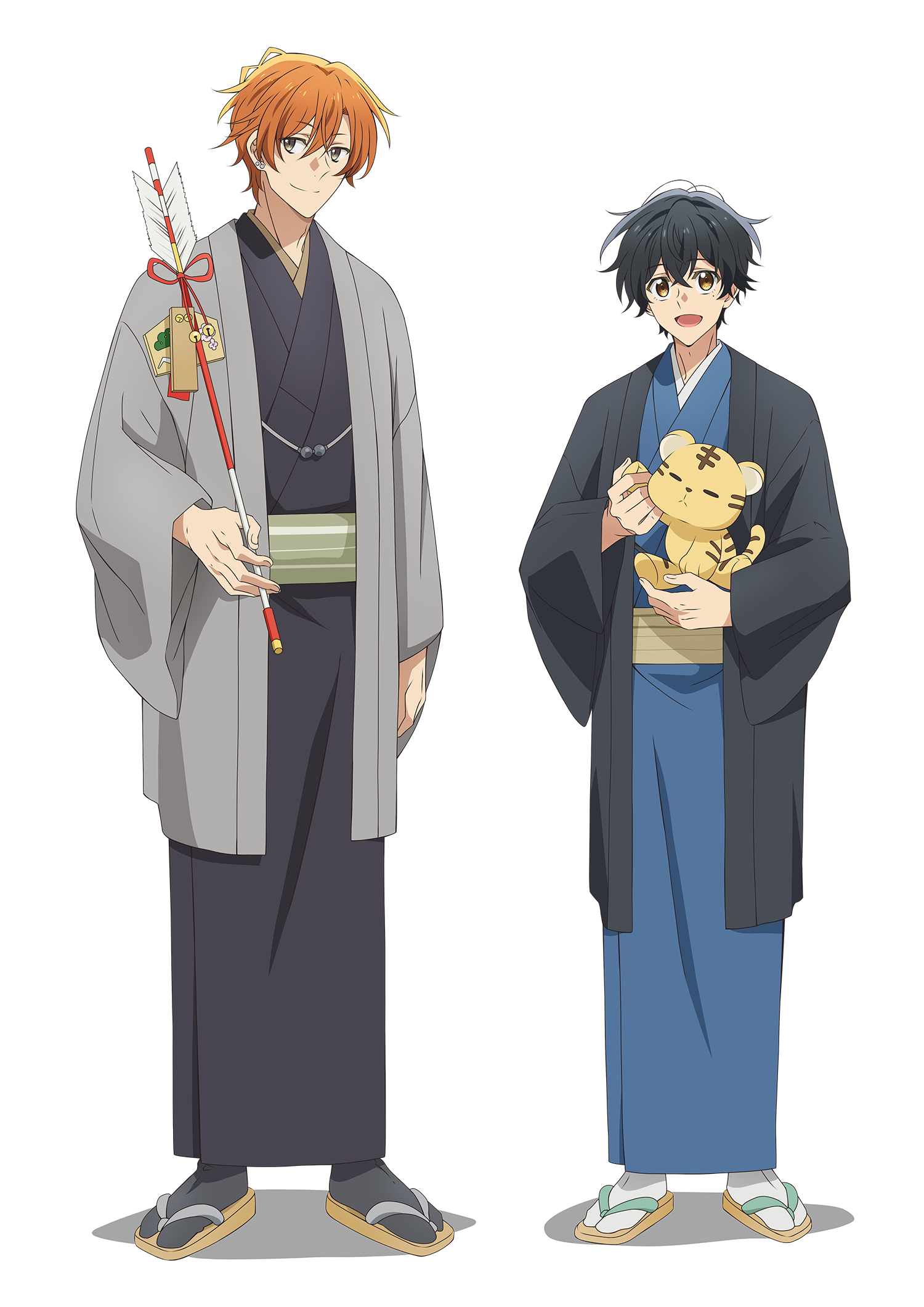 A promotional visual for the upcoming Sasaki and Miyano TV anime featuring the lead characters, Sasaki and Miyano, dressed in ceremonial kimonos. Sasaki carries a blessed arrow, while Miyano carries a stuffed tiger doll representing the upcoming Year of the Tiger.