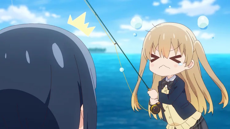 While her step-sister Hiyori looks on, Koharu struggles to understand the basics of fly fishing in a scene from the upcoming Slow Loop TV anime.