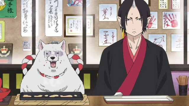 A screen capture from the TV anime adaptation of Hozuki's Coolheadedness, featuring Shiro and Hozuki dining at a restaurant in Hell.